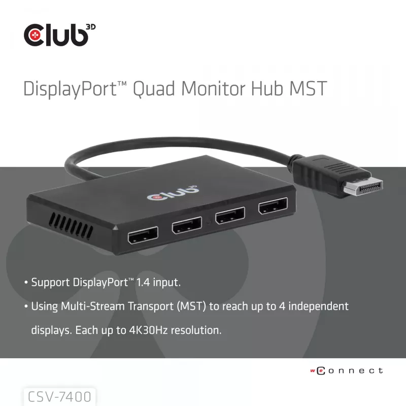 CLUB3D Quad DisplayPort™ Hub – 4 x 4K eraldusvõime @ 30 Hz, MST tugi