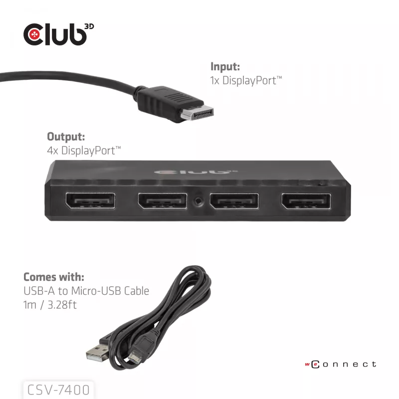 CLUB3D Quad DisplayPort™ Hub – 4 x 4K eraldusvõime @ 30 Hz, MST tugi