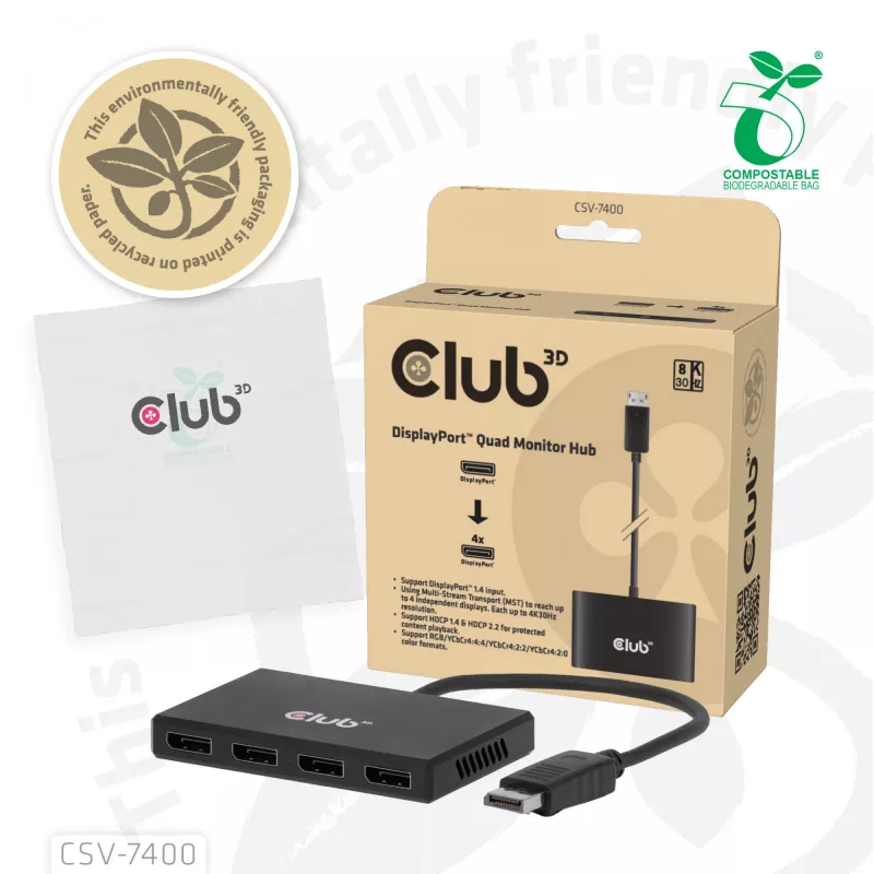 CLUB3D Quad DisplayPort™ Hub – 4 x 4K eraldusvõime @ 30 Hz, MST tugi