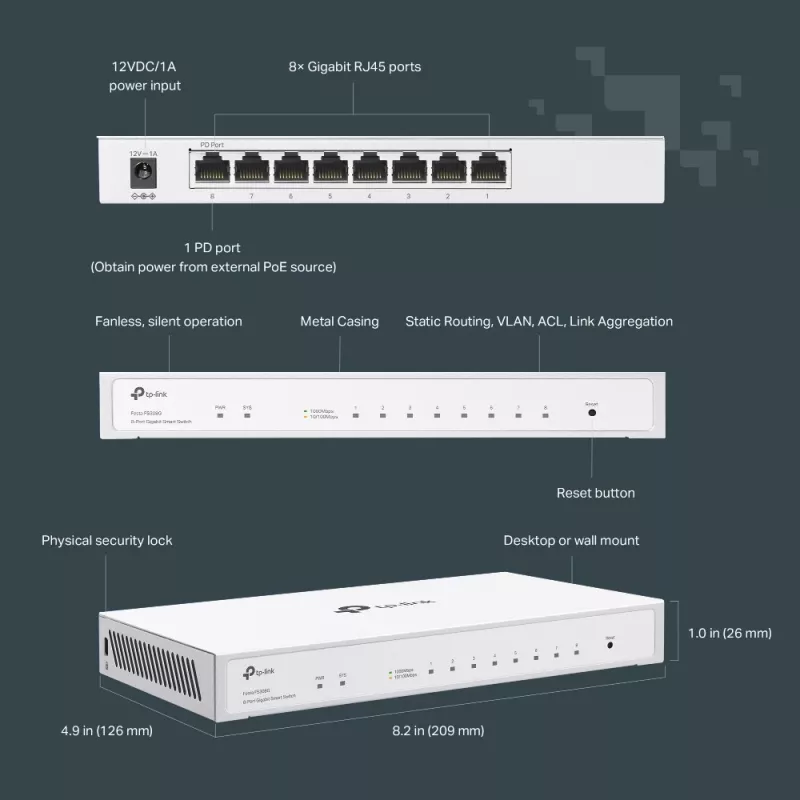 TP-Link Festa FS308G Hallatav L2/L2+ Gigabit Ethernet (10/100/1000) Power over Ethernet (PoE) Valge