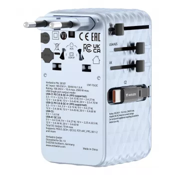 Verbatim Charge 'n' Travel 70W 2C kokkutõmmatav universaalne reisiadapter, sinine