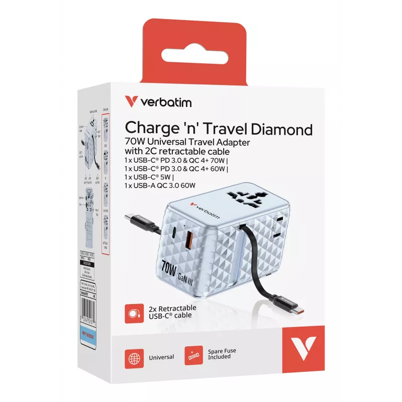Verbatim Charge 'n' Travel 70W 2C kokkutõmmatav universaalne reisiadapter, sinine