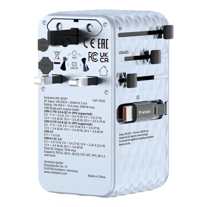 Verbatim Charge 'n' Travel 70W 2C kokkutõmmatav universaalne reisiadapter, sinine