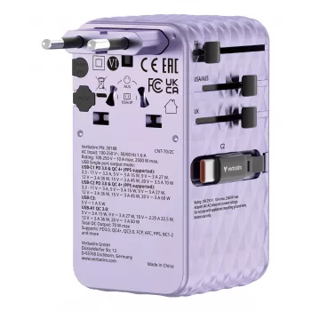 Verbatim Charge 'n' Travel 70W 2C kokkutõmmatav universaalne reisiadapter, lilla