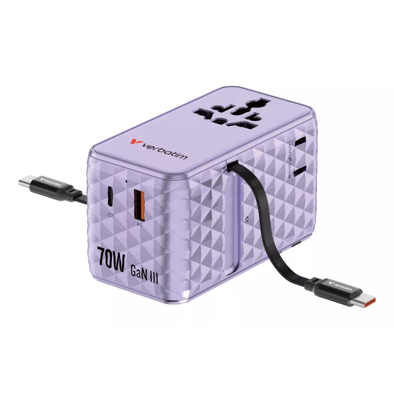 Verbatim Charge 'n' Travel 70W 2C kokkutõmmatav universaalne reisiadapter, lilla