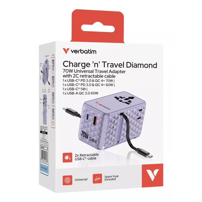 Verbatim Charge 'n' Travel 70W 2C kokkutõmmatav universaalne reisiadapter, lilla