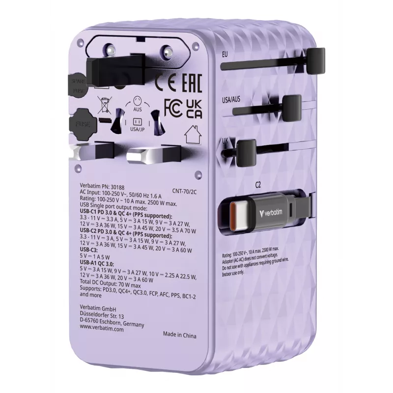 Verbatim Charge 'n' Travel 70W 2C kokkutõmmatav universaalne reisiadapter, lilla