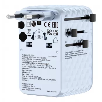 Verbatim Charge 'n' Travel 100W universaalne reisiadapter sissetõmmatava kaabliga, sinine