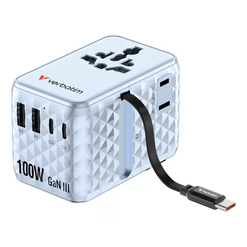 Verbatim Charge 'n' Travel 100W universaalne reisiadapter sissetõmmatava kaabliga, sinine