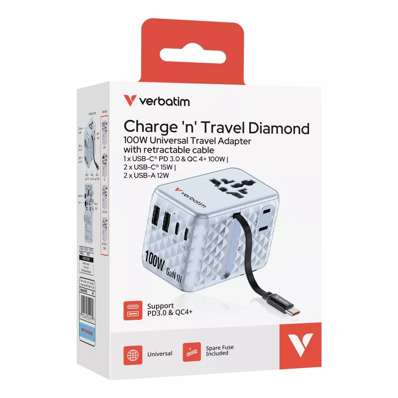 Verbatim Charge 'n' Travel 100W universaalne reisiadapter sissetõmmatava kaabliga, sinine
