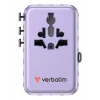 Verbatim Charge 'n' Travel 100W universaalne reisiadapter sissetõmmatava kaabliga, lilla
