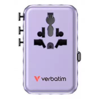 Verbatim Charge 'n' Travel 100W universaalne reisiadapter sissetõmmatava kaabliga, lilla