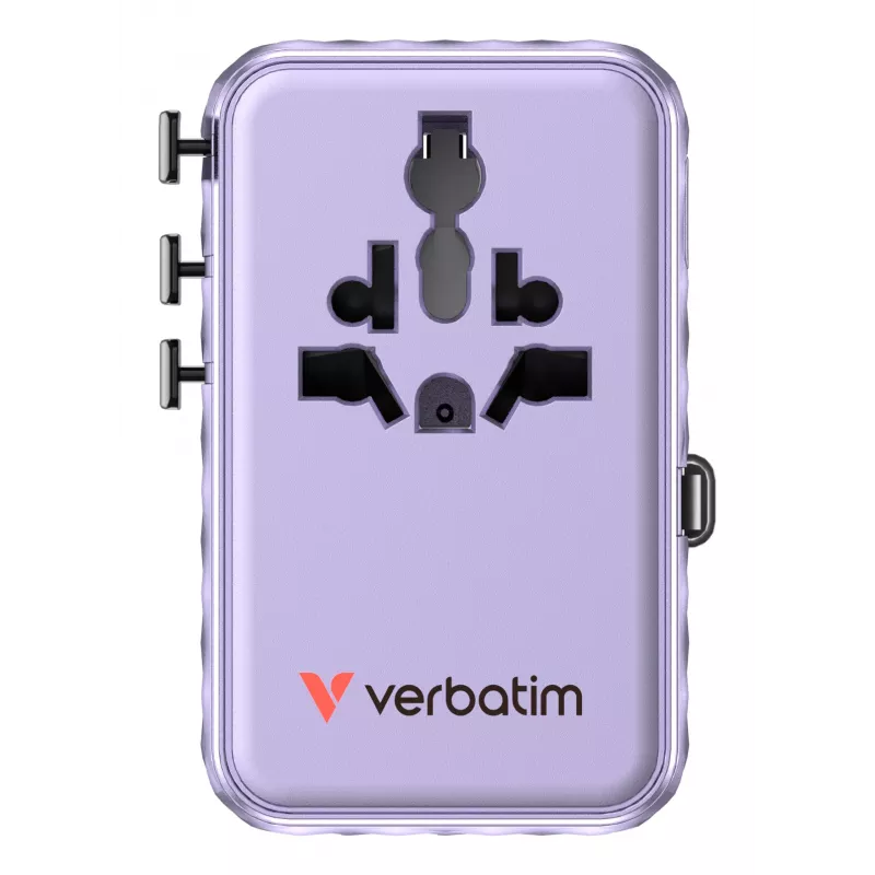 Verbatim Charge 'n' Travel 100W universaalne reisiadapter sissetõmmatava kaabliga, lilla