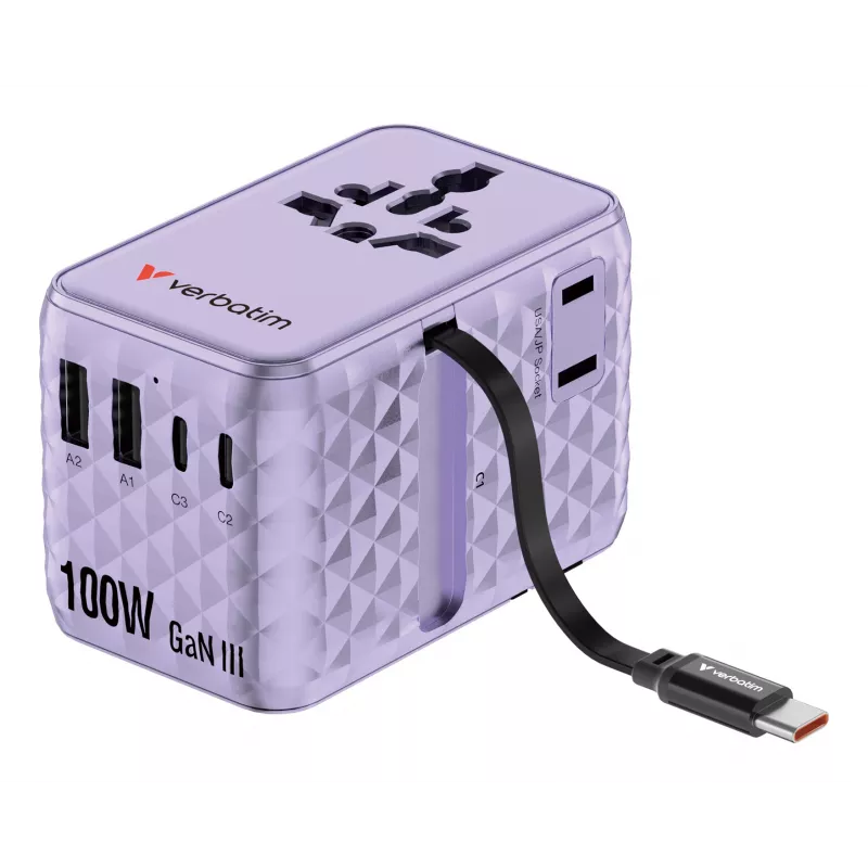 Verbatim Charge 'n' Travel 100W universaalne reisiadapter sissetõmmatava kaabliga, lilla