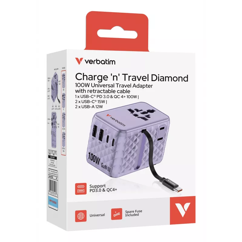 Verbatim Charge 'n' Travel 100W universaalne reisiadapter sissetõmmatava kaabliga, lilla