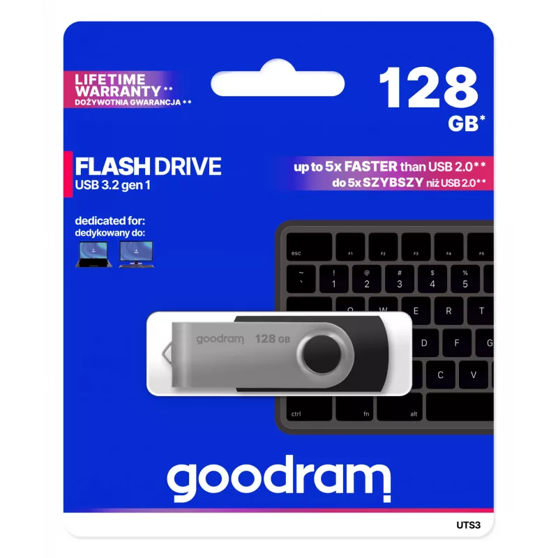USB-mälupulk GOODRAM UTS3 128 GB USB Type-A 3.2 Gen 1, must, lugemiskiirus 60 MB/s, kirjutamiskiirus 20 MB/s
