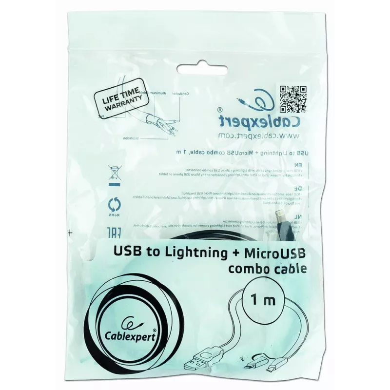 GEMBIRD USB Apple Lightning ja Micro USB laadimise kombokaabel 1m - must
