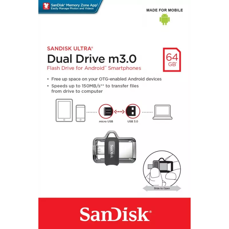 WESTERN DIGITAL SanDisk ULTRA DUAL DRIVE M3.0 - 64 GB USB-mälupulk - mikro-USB / USB 3.0