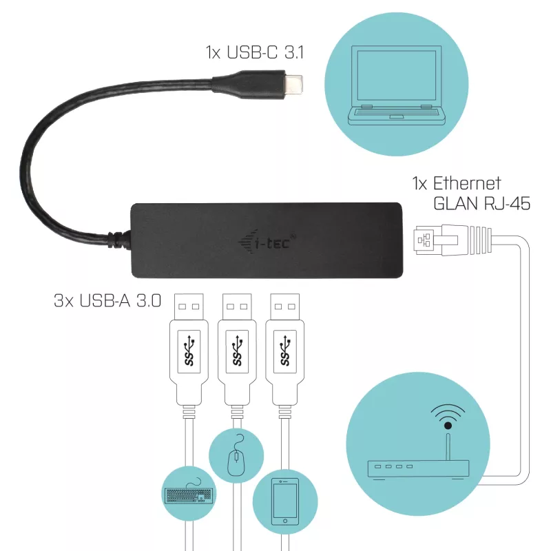 i-tec Advance USB-C õhuke Passive HUB 3 Port + Gigabit Ethernet Adapter