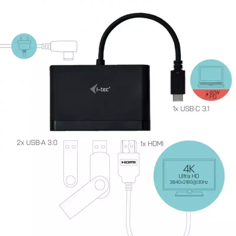 USB-C HDMI reisiadapter ITEC i-tec USB C HDMI reisiadapter PD/andmed — must, kiibistik RTS5403/RTS5404/RTS5411/PS176, 90×58×14 mm
