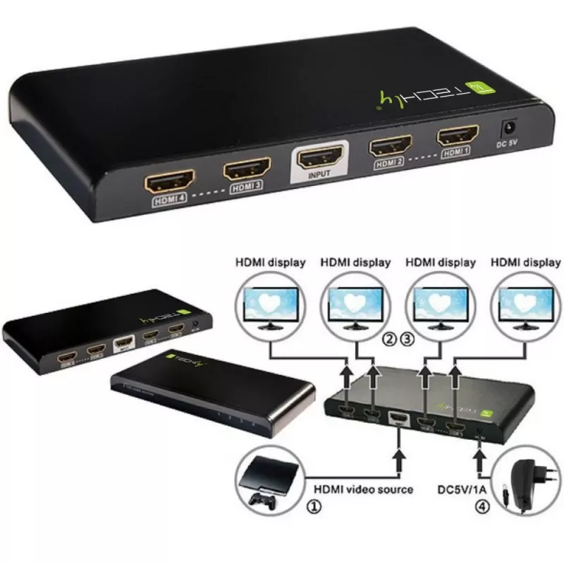 Techly Splitter HDMI 4-suunaline 4K*2K IDATA HDMI-4K4, HDMI, 4x HDMI, 1x HDMI F, 4096 x 2160 pikslit, Must, 36 bitti