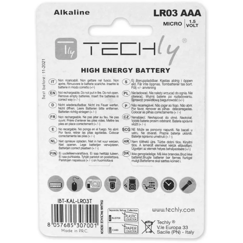 Techly Blister 4 patareid High Power Mini Stilo AAA leelispatarei LR03 1,5V IBT-KAL-LR03T