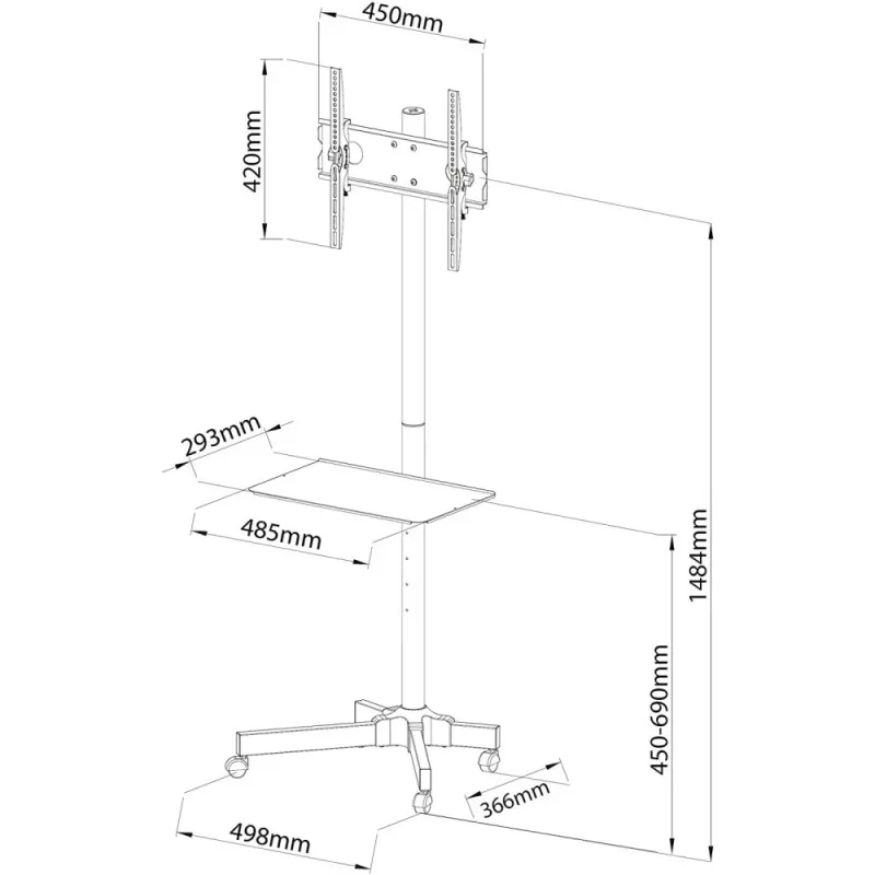 Techly Trolley Floor Stand LCD/LED/Plasma 23 inch-55 inch, 58.4 cm (23 inch), 139.7 cm (55 inch), 50 x 50 mm, 400 x 400 mm, -15 - 15°, Must