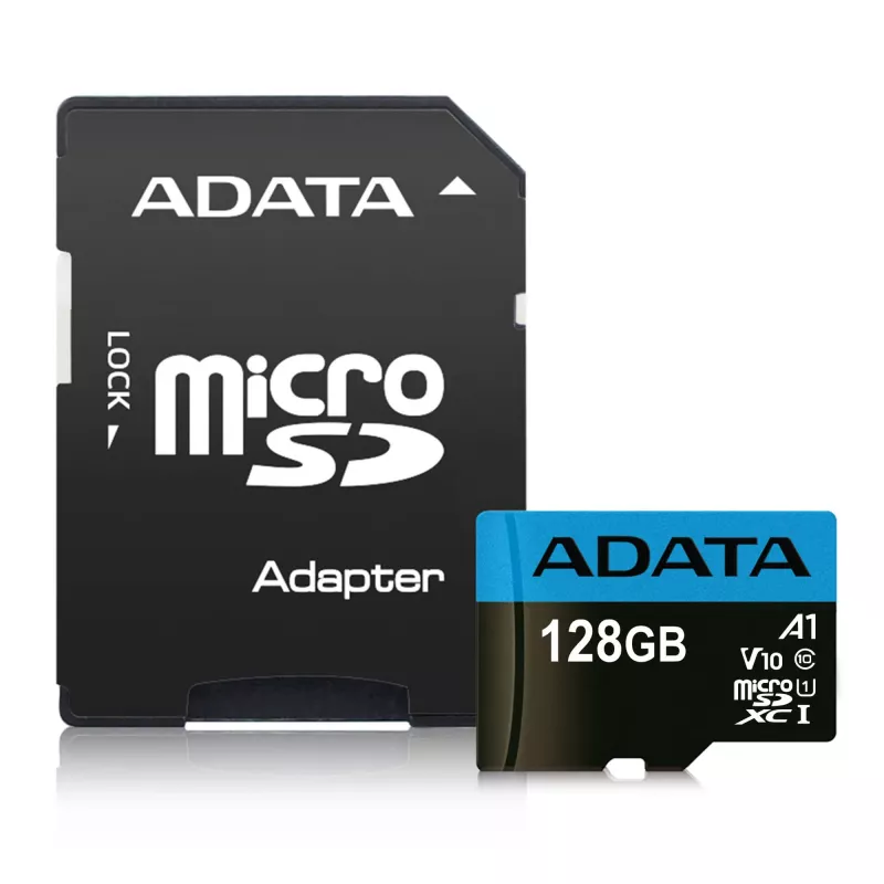 MicroSDXC välkmälu ADATA 128 GB UHS‑I Class 10 — 85 MB/s lugemine, 25 MB/s kirjutamine, veekindel, SD-adapteriga