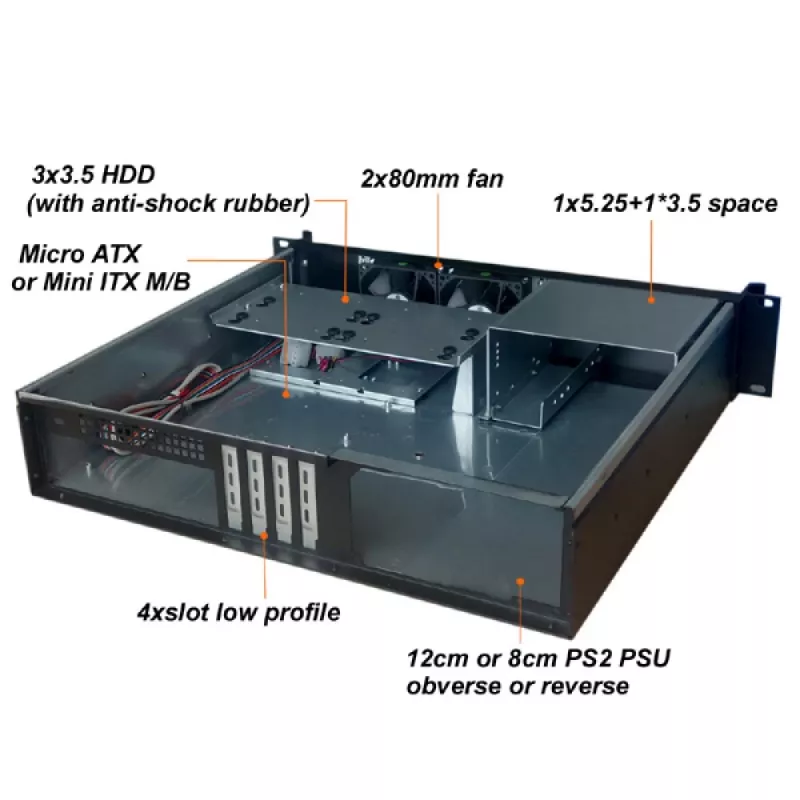 Serveri korpus TECHLY I-CASE IPC-240L, 2U, micro ATX, 4x 3.5 tolli pesa, 1x 5.25 tolli pesa, 465x400x88.8 mm, must