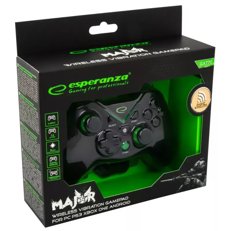 Juhtmevaba mängupult ESPERANZA EGG112K 2,4 GHz, PC-le ja PS3-le, USB-vastuvõtja, must, 12 nuppu, analoogkangid