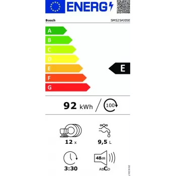 Vabaltseisev nõudepesumasin Bosch SMS25AI05E — täissuuruses 60 cm, 12 kattekohta, 48 dB, energiaklass E