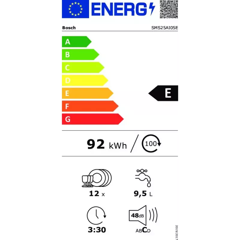 Vabaltseisev nõudepesumasin Bosch SMS25AI05E — täissuuruses 60 cm, 12 kattekohta, 48 dB, energiaklass E