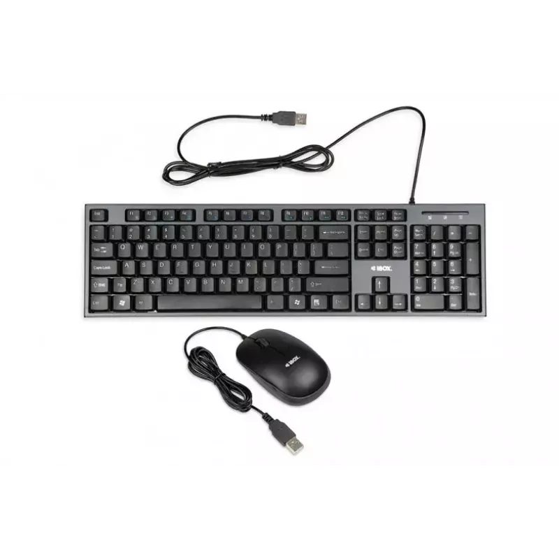 Juhtmega klaviatuuri ja hiire komplekt IBOX IKMS606 — täissuuruses QWERTY UK inglise klaviatuur, USB, must, hiir 800 DPI