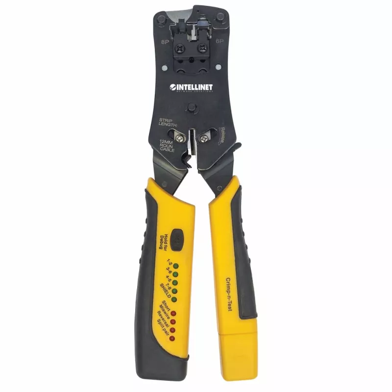 Intellinet Universal Modular Plug Crimping Tool and kaabel Tester, 2-in-1 Crimper and kaabel Tester: Cuts, Strips, Terminates and Tests, RJ45/RJ11/RJ12/RJ22