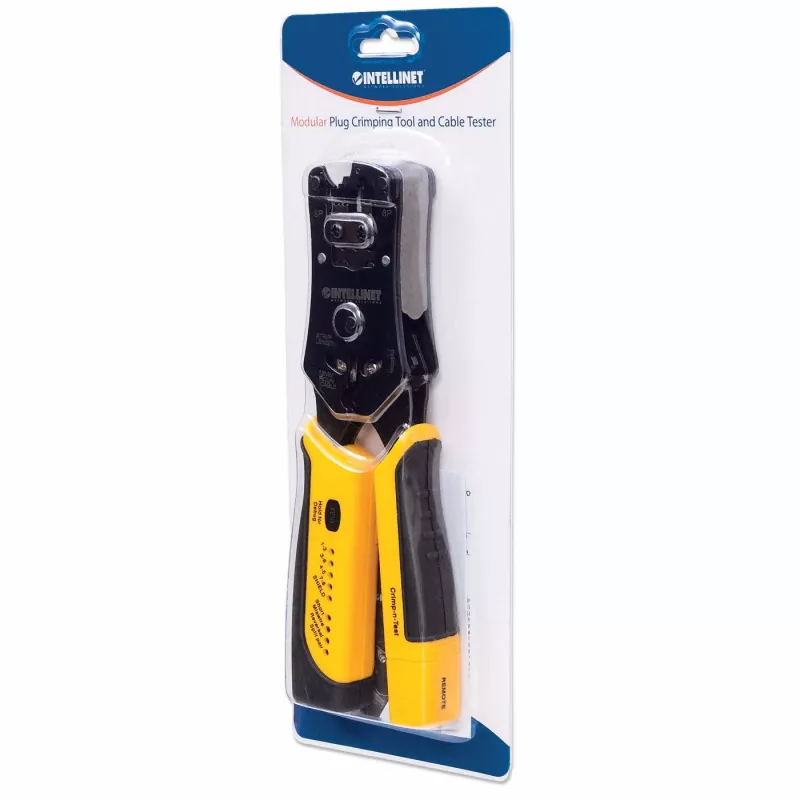 Intellinet Universal Modular Plug Crimping Tool and kaabel Tester, 2-in-1 Crimper and kaabel Tester: Cuts, Strips, Terminates and Tests, RJ45/RJ11/RJ12/RJ22