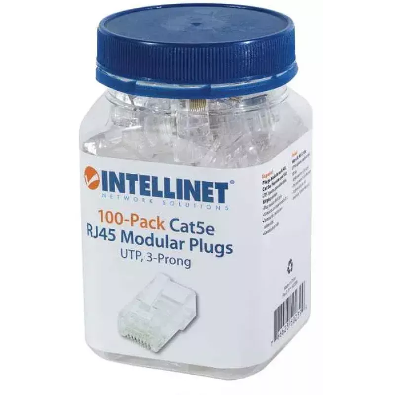Intellinet RJ45 modulaarpistikud, Cat5e, UTP, 3-hambalised, täisjuhtmele, 15 µ kullatud kontaktid, 100 tk pakend