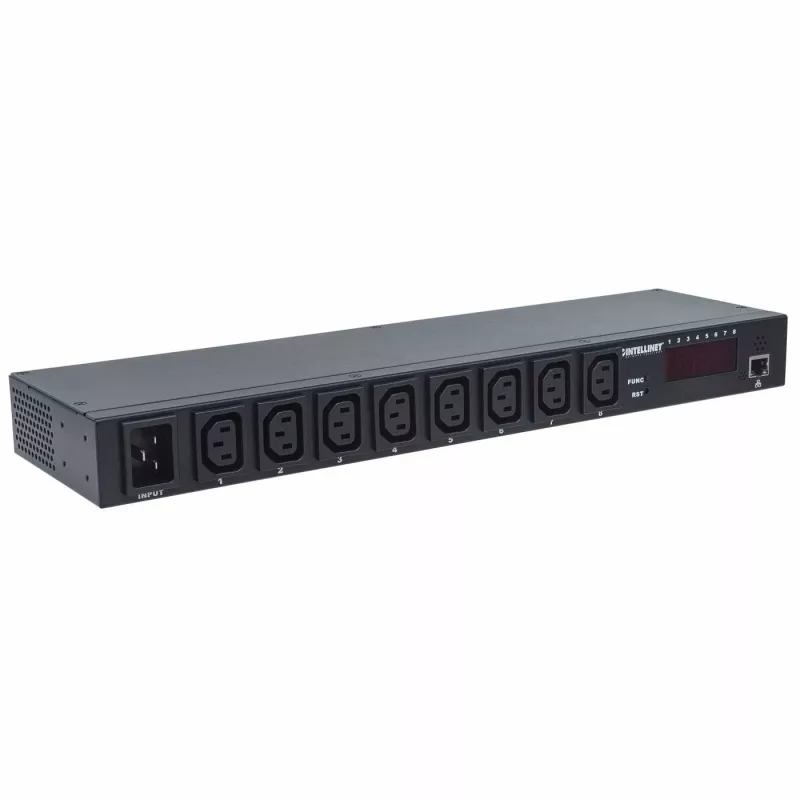 Intellinet 19 inch intelligentne 8 pordiga PDU, 19 inch rackile paigaldatav C13 intelligentne toitejaotusseade; jälgib võimsust, temperatuuri ja niiskust