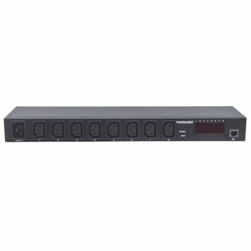 Intellinet 19 inch intelligentne 8 pordiga PDU, 19 inch rackile paigaldatav C13 intelligentne toitejaotusseade; jälgib võimsust, temperatuuri ja niiskust