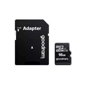 MicroSDHC mälukaart GOODRAM 16 GB Class 10 UHS-I (U1), lugemine 100 MB/s, kirjutamine 10 MB/s, magnetikindel, SD-adapteriga