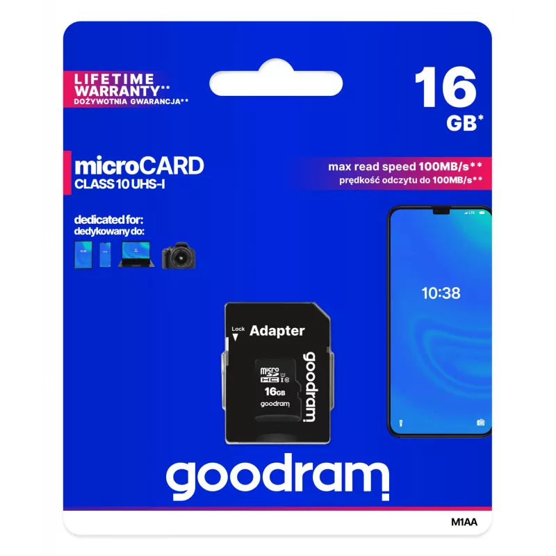 MicroSDHC mälukaart GOODRAM 16 GB Class 10 UHS-I (U1), lugemine 100 MB/s, kirjutamine 10 MB/s, magnetikindel, SD-adapteriga