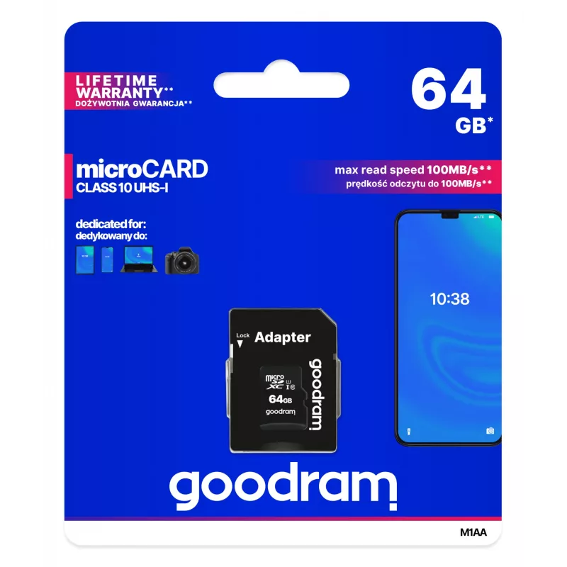 MicroSDXC mälukaart GOODRAM 64GB UHS-I Class 10 (U1), lugemine 100 MB/s, kirjutamine 10 MB/s, SD-adapteriga, must