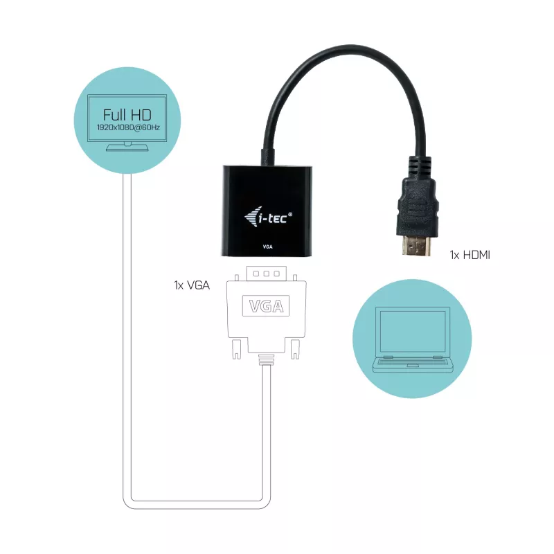 i-tec HDMI to VGA kaabel Adapter, 0.15 m, HDMI, VGA, Male, Female, 1920 x 1080 pixels