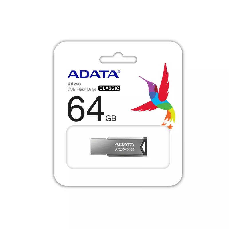 CompactFlash USB-mälupulk ADATA UV250 64 GB, hõbedane, 45,4×14,9×5,35 mm, 5,6 g