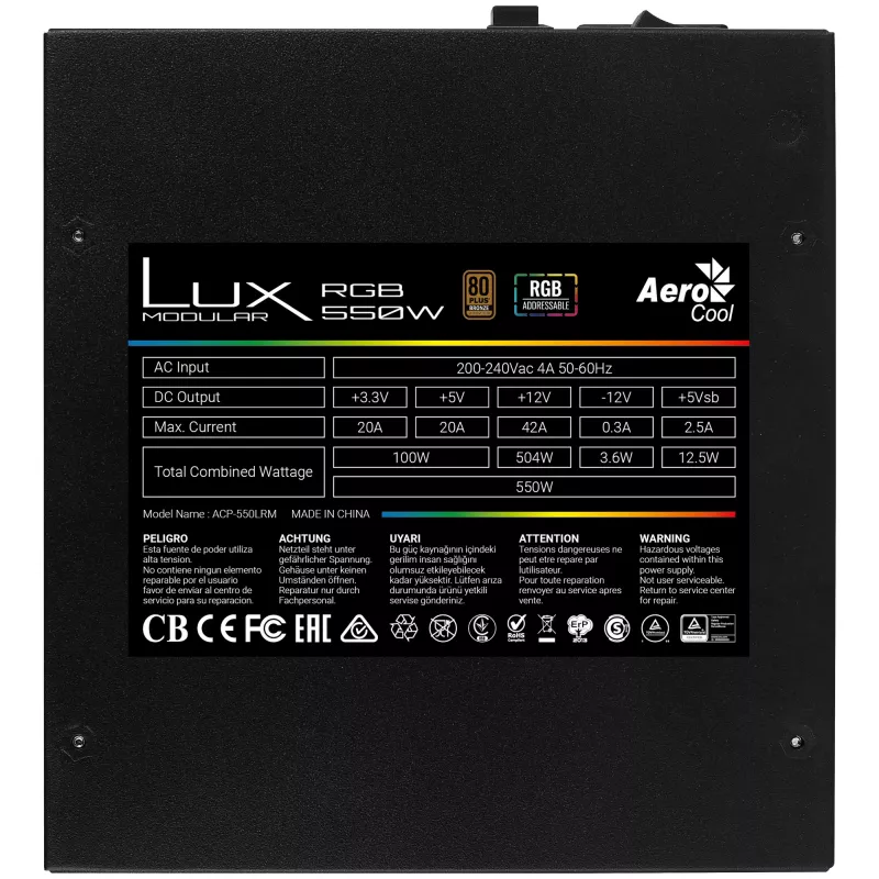 Aerocool LUXRGB550M RGB modulaarne arvuti toiteplokk 550W 80Plus Bronze 230V must