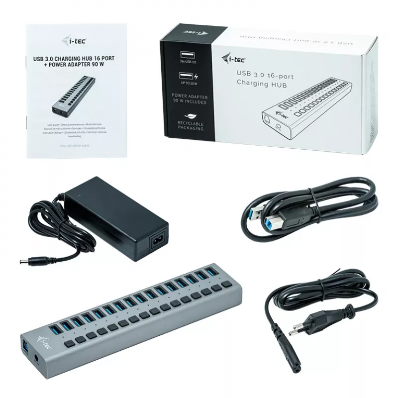 i-tec USB 3.0 Charging HUB 16port + 90 W toiteadapter