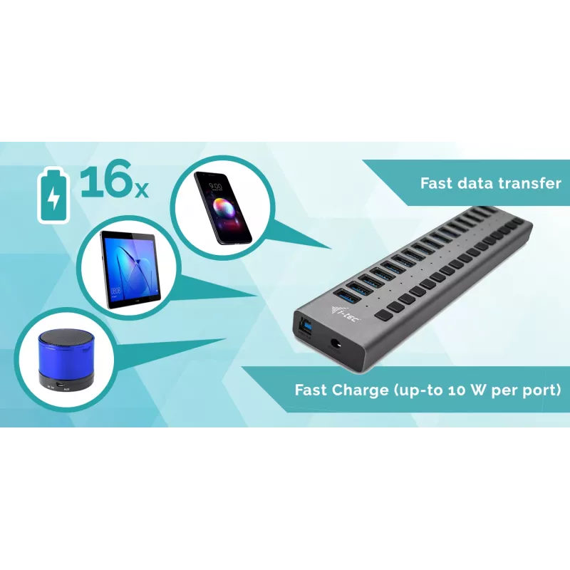 i-tec USB 3.0 Charging HUB 16port + 90 W toiteadapter