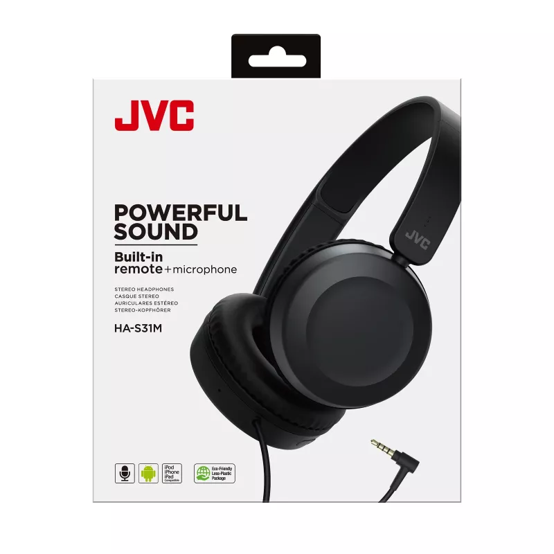 JVC Powerful Sound juhtmega kõrvaklapid, must, juhtmega, 10 - 26000 Hz, kõned/muusika, 140 g, peakomplekt, must