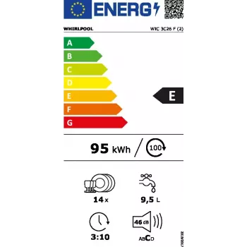 Poolsisseehitatud nõudepesumasin WHIRLPOOL WIC 3C26 F — 60 cm, 14 katet, 46 dB, energiaklass E
