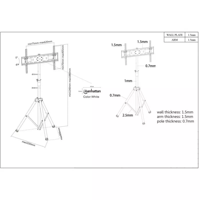 Manhattan Tripod Floor Mount for TV & Monitors, Stand Assembly, For screens: 37 inch to 65 inch, VESA compatibility: all between 200x200 to 600x400mm - check the dimensions of the four mounting holes on back of screen to ensure it fits, Max 35kg, Must, LFD, Bracket