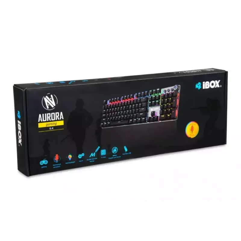 Juhtmega mehaaniline mänguklaviatuur IBOX AURORA K-4 — QWERTY, 108 klahvi, reguleeritav LED-taustvalgustus, veekindel, USB, 1,6 m kaabel